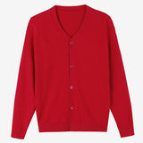red boy button - open cardigan