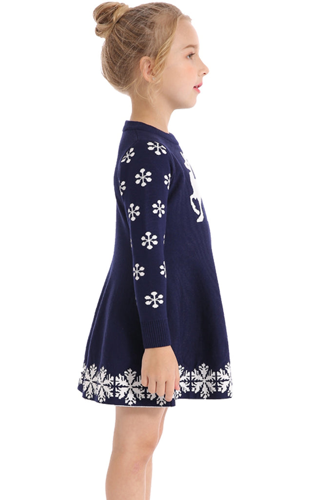Blue Christmas dress with snowflakes on the sleeves