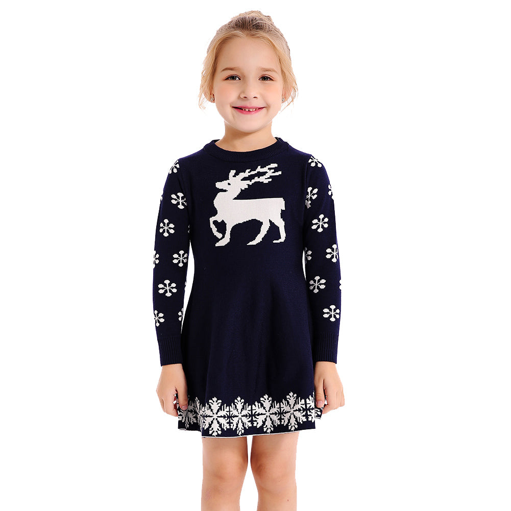 Christmas Elk Dress for Little Girls - Blue