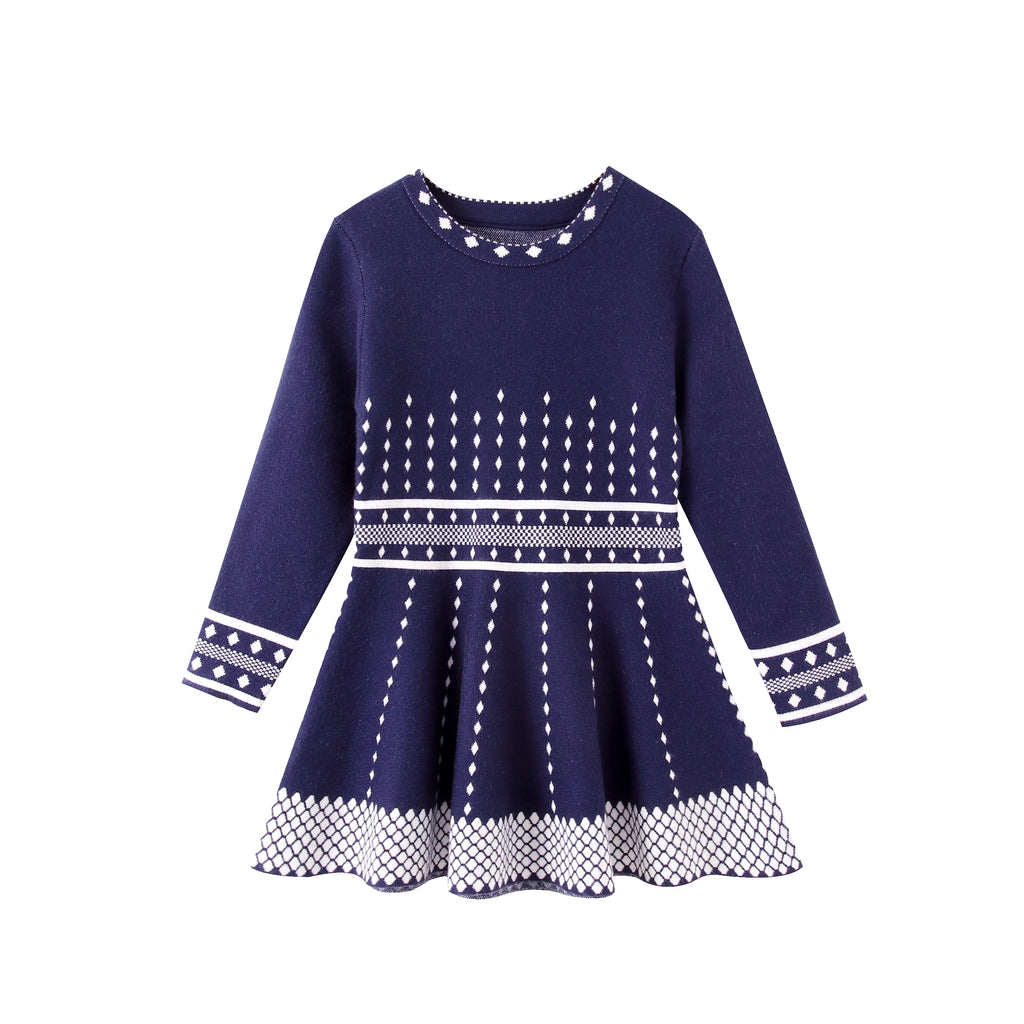 SMILING PINKER Girls Dress Argyle Crewneck Long Sleeve Knit Sweater Dress 5-6 Years / navy blue SMILING PINKER Girls Dress Argyle Crewneck Long Sleeve Knit Sweater Dress 5-6 Years / navy blue