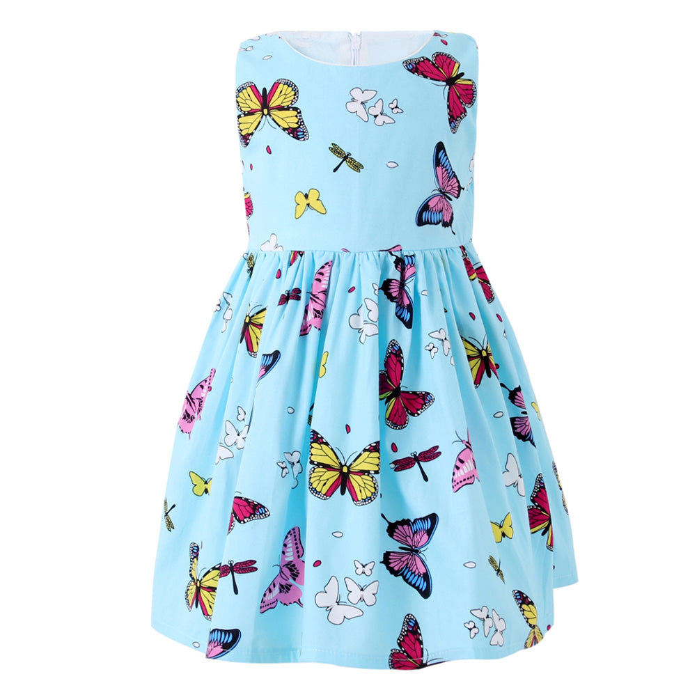 SMILING PINKER Girls Dresses Summer Sleeveless Butterfly Cotton Dress 1-2 / blue