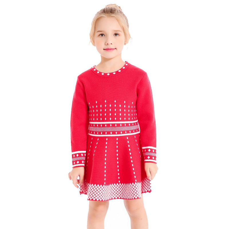 Sp - Girls Argyle Knit Dress - Red