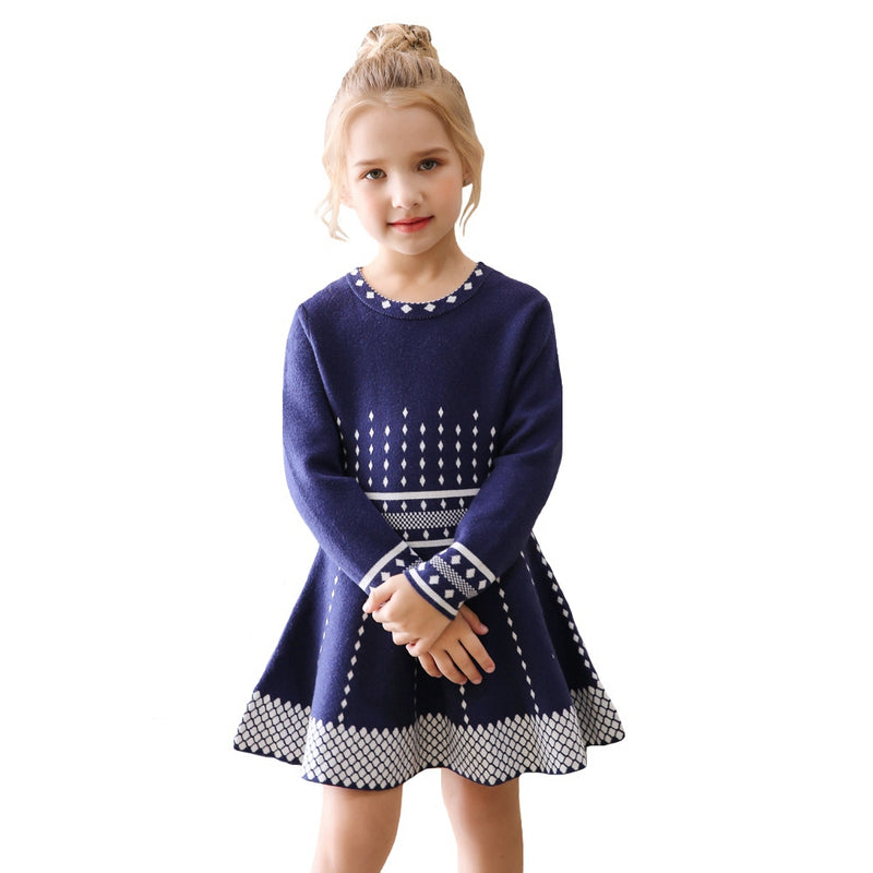Sp - Girls Argyle Knit Dress - Navy blue