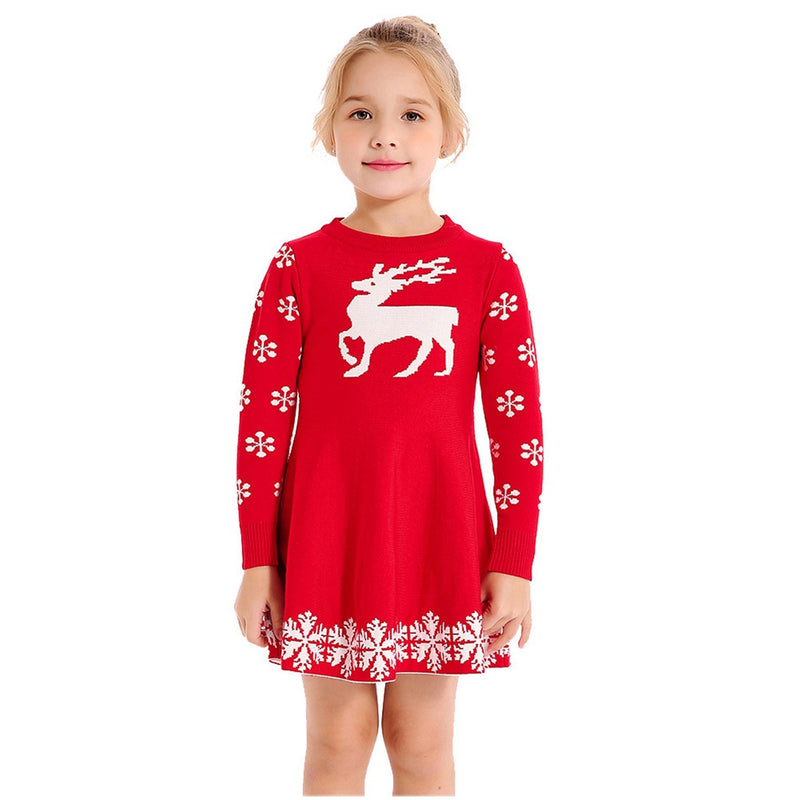 Girls Christmas Reindeer Knit Sweater Dress - Front
